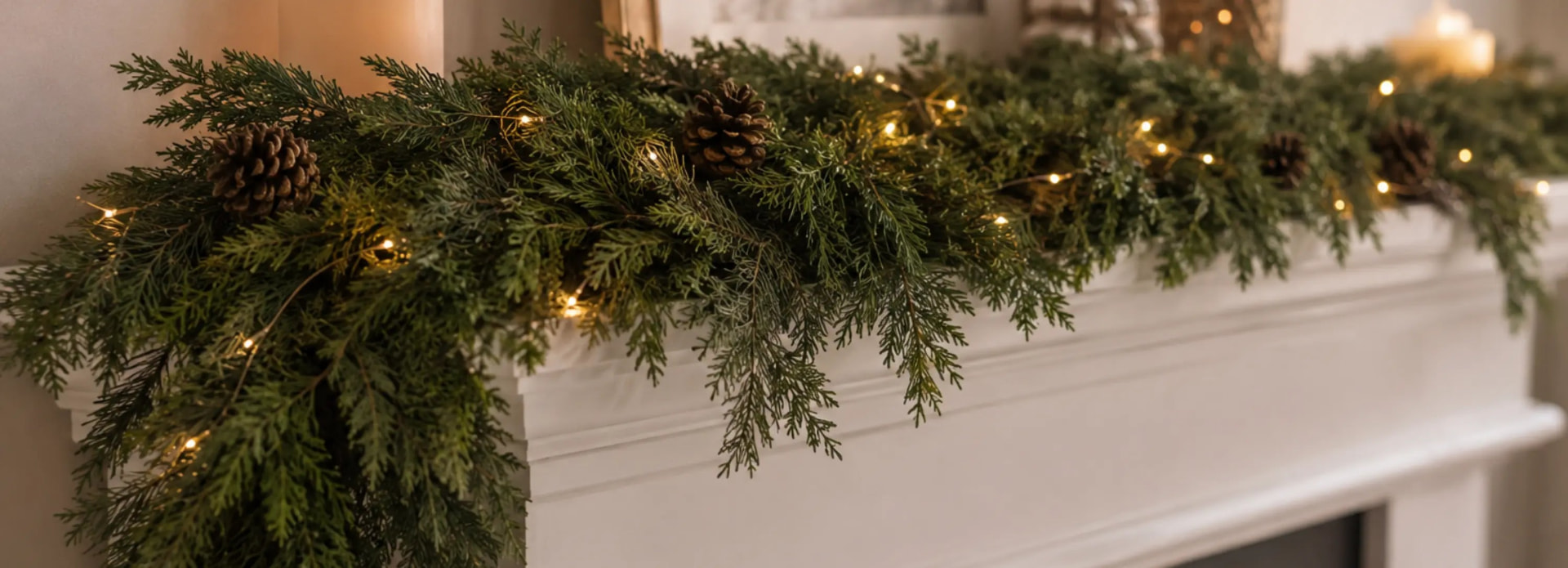 Wide view of a lit cedar garland across a white mantel