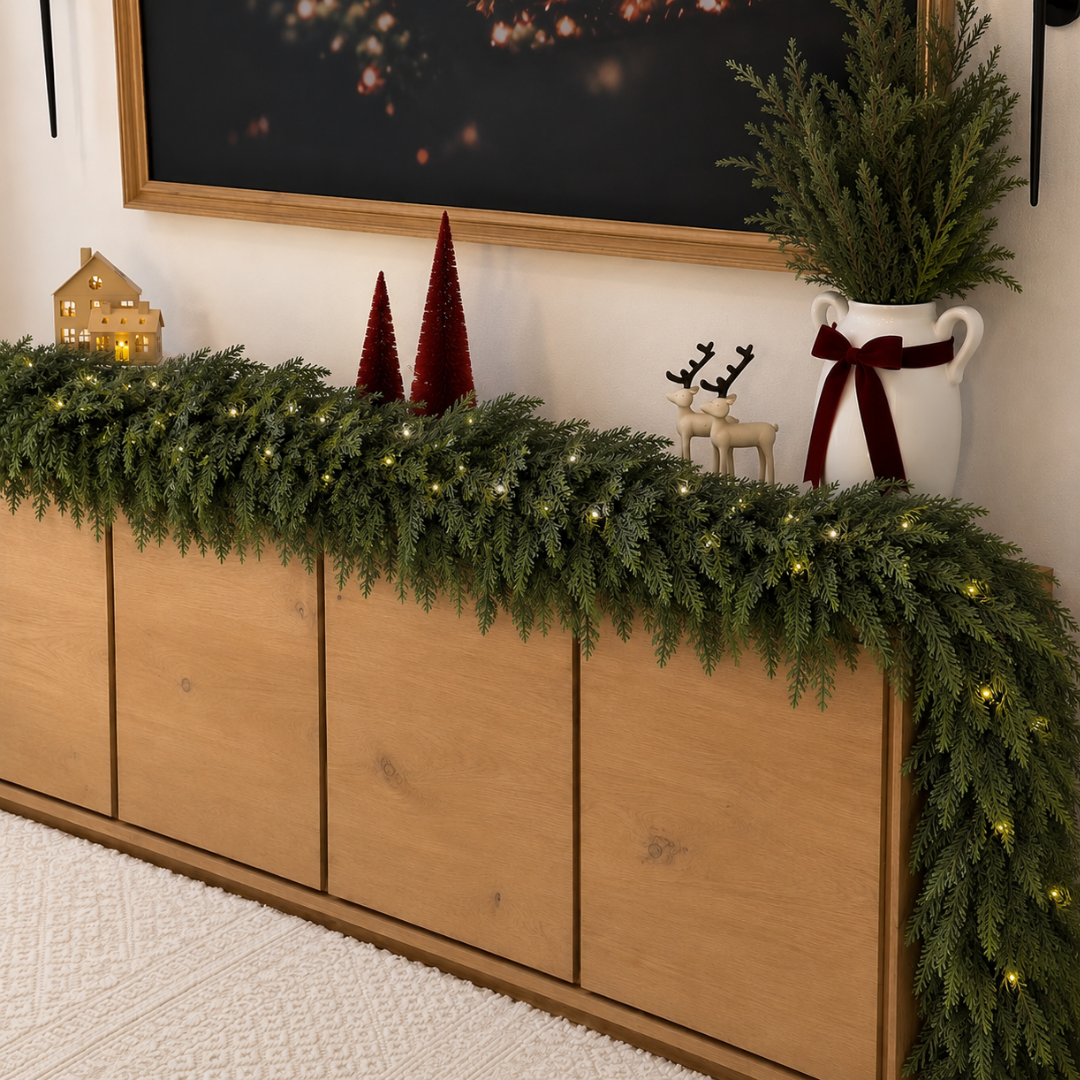 Pre-lit cedar garland cascading over an oak sideboard