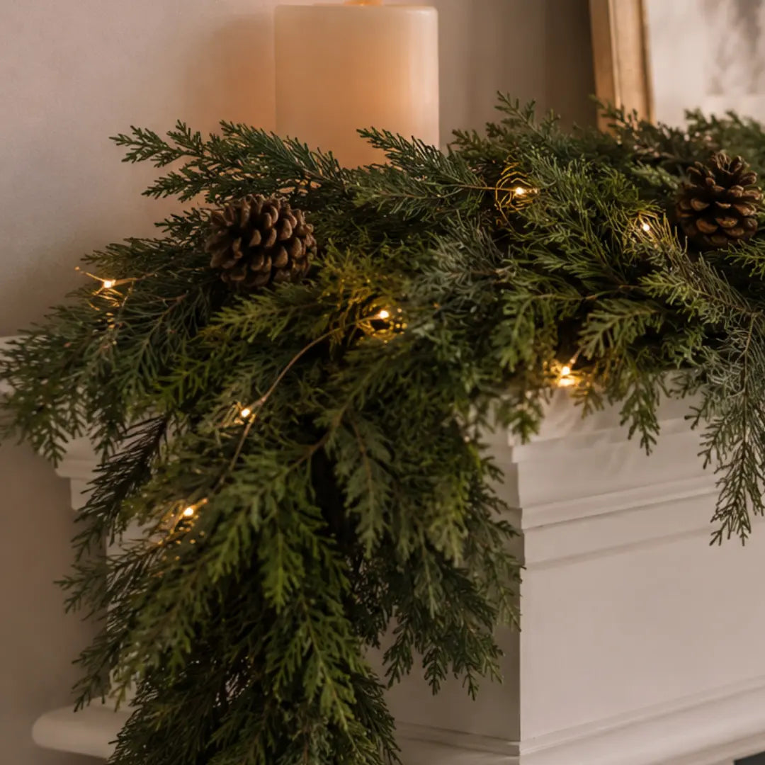 Close-up of cedar garland with pinecones and warm fairy lights on a mantel